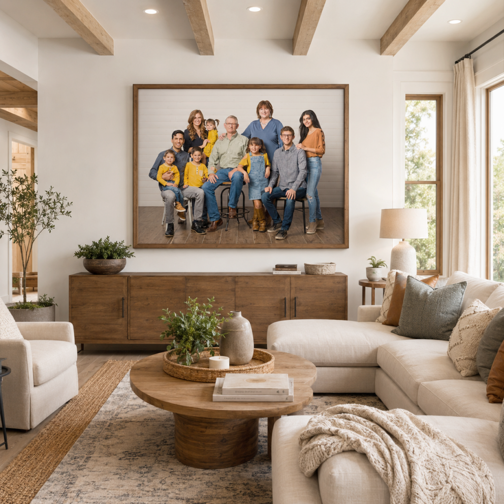 Multigenerational family portrait displayed above a sofa in a living-room visualization