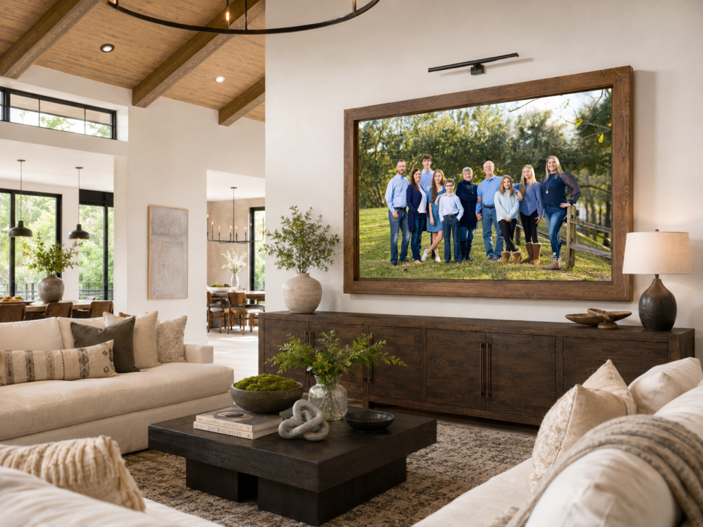 Outdoor extended-family portrait in a large wood frame, shown in a living-room visualization