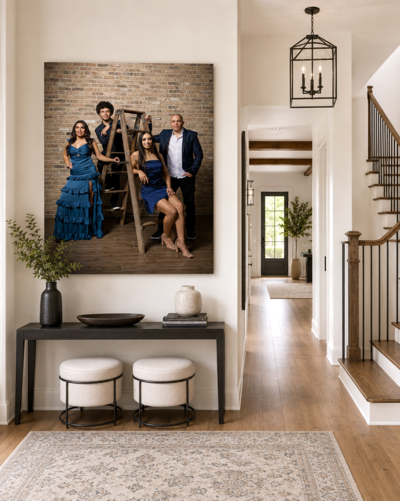 Family portrait displayed above an entryway console in a wall-art visualization