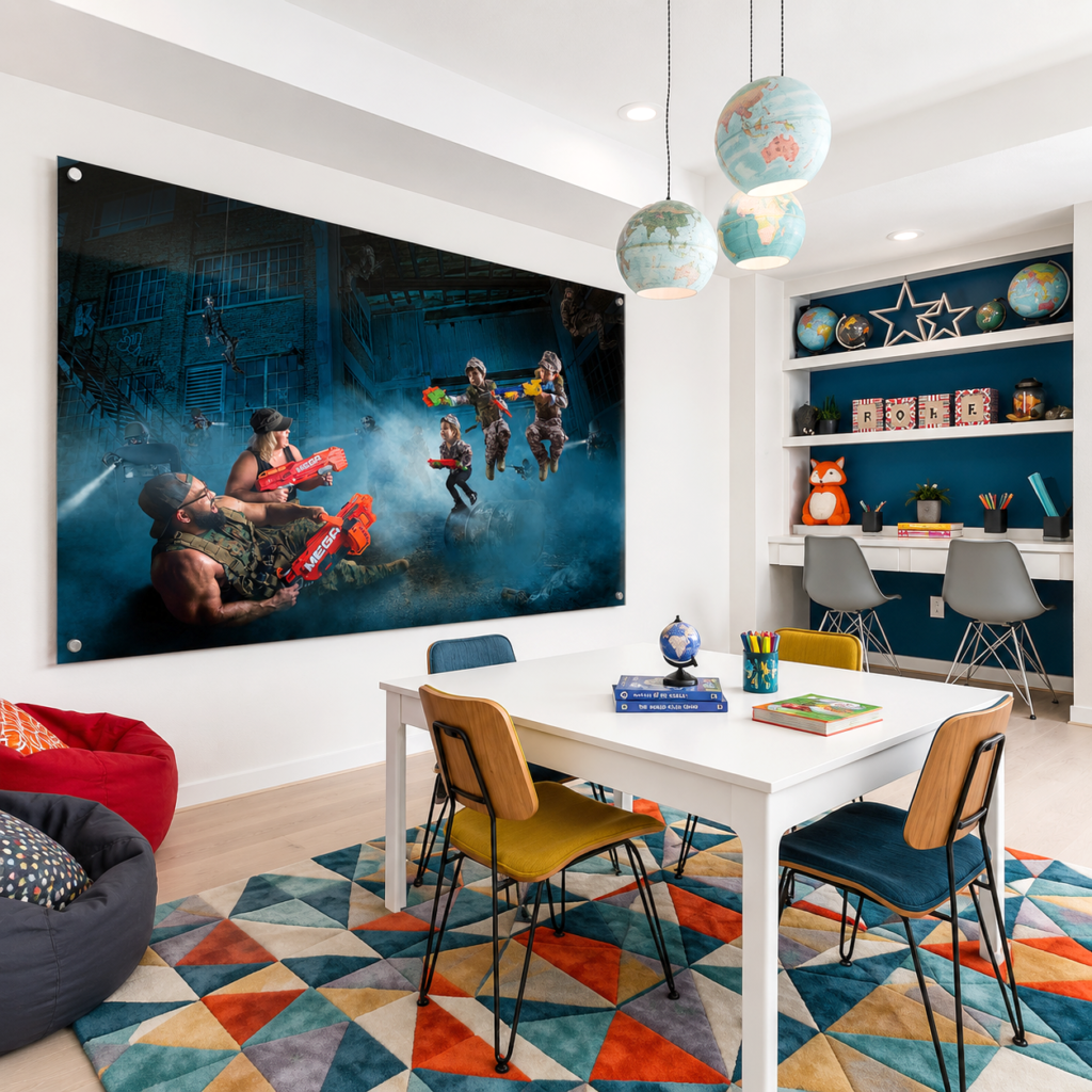 Action-themed family portrait displayed as large wall art in a playroom visualization