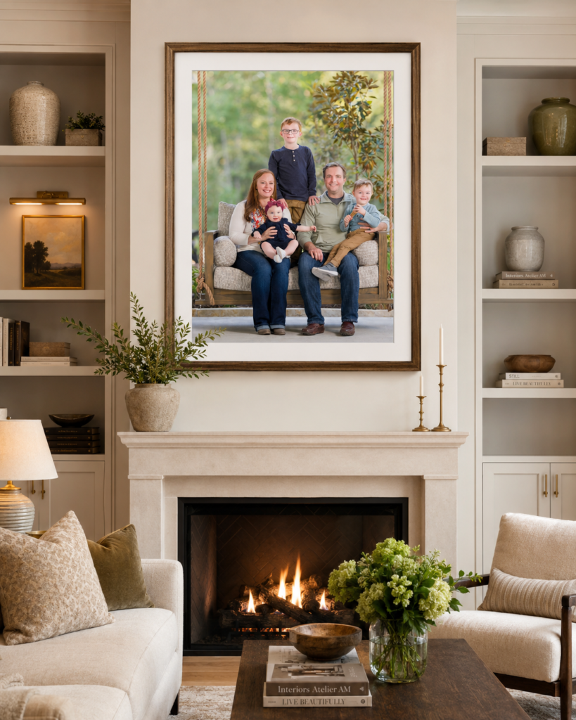 Family portrait in a frame above a fireplace, shown as wall-art display inspiration